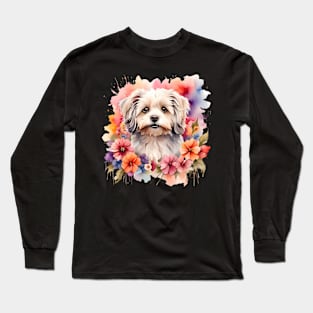 A havanese decorated with beautiful watercolor flowers Long Sleeve T-Shirt